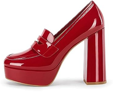 Womens Platform Heels Loafers Chunky High Heel Closed Toe Patent Leather Shoes Penny Loafer Business Dress Work Pumps, Red, Size 8