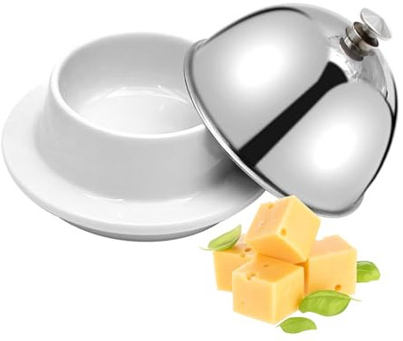 EATAKWARD Mantequera de cerámica con cubierta de cúpula de acero inoxidable, plato de queso con tapa, bandeja pequeña para servir queso con tapa plateada para encimera, postre, cupcakes, pastel de