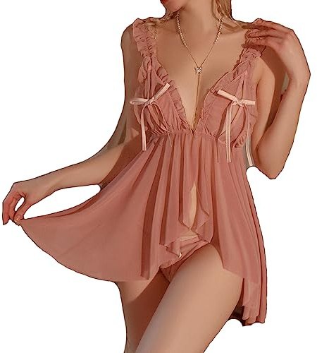 HOTSO Women's Lingerie Sexy Teddy Lingerie Lace Babydoll Sleepwear V Neck Mesh Chemise Open Front Negligee Christmas Wedding (Pink, One Size)