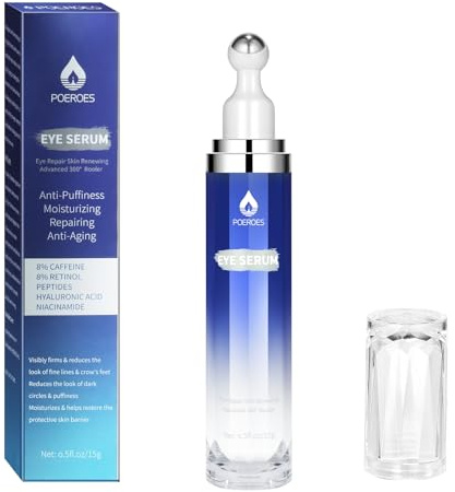 Eye Serum with 8% Caffeine 8% Retinol Hyaluronic Acid Niacinamide peptides for Puffy Bags Fine Lines Dark Circles Wrinkles, Under Eye Cream with 360° Roller Massage Ball, 0.5 fl. oz