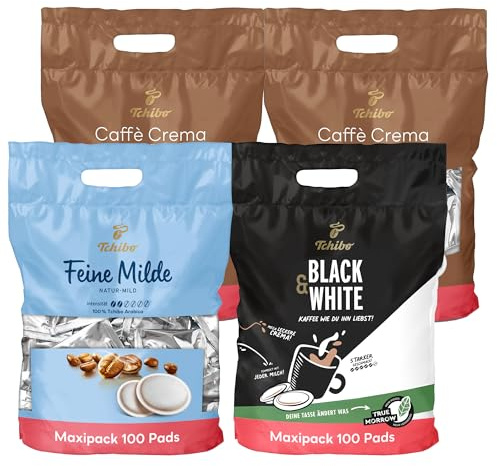 Tchibo Kaffeepads Probierset Vorratspack Maxipack, Feine Milde (1x), Caffè Crema vollmundig (2x) & BLACK&WHITE (1x), 400 Stück - 4x 100 Pads, nachhaltig, geeignet für Senseo Maschinen