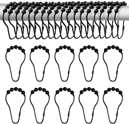 Prebarfun 40 Stück Duschvorhang Haken, Metall Duschvorhangringe mit Gleitsystem, Duschringe Schwarz, 7 x 3.5cm/2,75 x 1,38in Aufhängeringe für Duschvorhangstange Kleiderstange