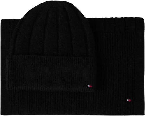 Tommy Hilfiger Donna Set Regalo Flag Fluffy Sciarpa e Berretto, Nero (Black), Taglia Unica