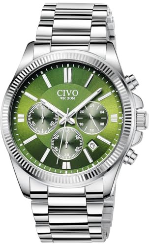 CIVO Uhren Herren Edelstahl Chronograph: Silber Armbanduhr Herren mit Datum - Grün Zifferblatt Uhr Wasserdicht Quarz Mode Casual