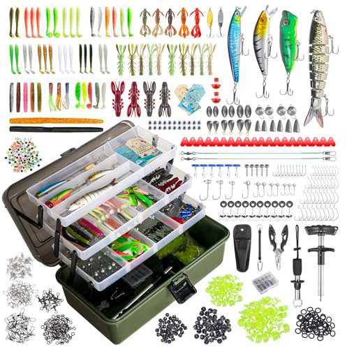 605-Teiliges Angelzubehör Set, 4-Regal Fishing Angelkoffer mit Zubehör,Angel Starterset mit Lippenclips, Hakenentferner, Forellenköder, Barsch Köder, Blei-Gewichten, Haken, Angelgeschenk für Männer