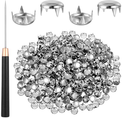 LIQWEI 500 Stück 10mm Silberne runde Kuppelnieten, Metallklauenperlen Nieten mit Ahle Metall Studs Nieten Set Punk Niete Silber DIY Punk Nietens für Lederhandwerk Kleidungsgürtel Tasche Schuharmband