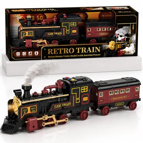 Toyana Retro Steam Train Toy with Realistic Smoke, Sound & Lights - 60cm Large Inertial Power Steam Engine with Passenger Car - Vintage Railway Set for Kids, Boys & Girls Aged 3+ Years