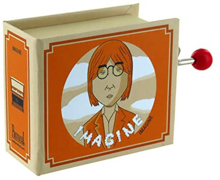 Hand-cranked music box/musical box made of illustrated cardboard in the shape of a book with 18-note musical mechanism - Imagine (John L.)