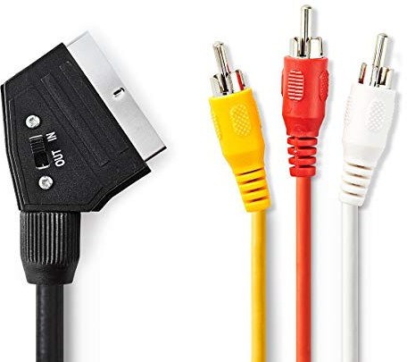Nedis 2m SCART to 3 x RCA Phono Audio Video AV Adapter Cable – SCART to RCA Phono Male Composite Connector for TV, DVD, VCR, Game Consoles