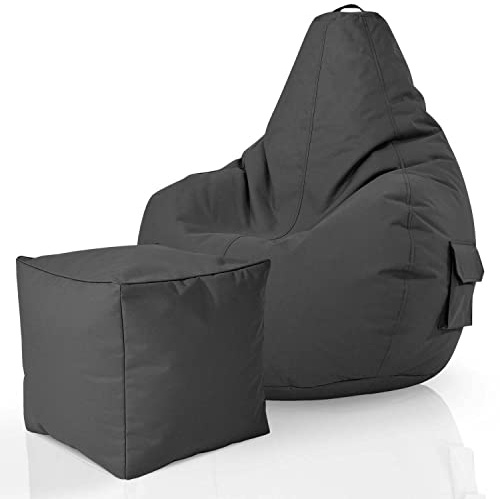 Green Bean© Set de 2: Pouf + Tabourets - remplis - Robustes lavables résistants à la saleté - Enfants & Adultes Bean Bag Coussin de Sol Lounge Chaise Fauteuil Relax Gamer Siège de Gaming - Anthracite