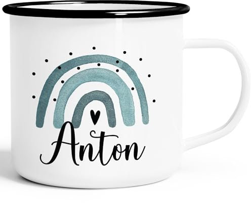 SpecialMe® Emaille-Tasse Kinder mit Name bedruckt Motiv Regenbogen personalisierbar Becher personalisierte Geschenke Jungs weiss-blau-schwarz Emailletasse