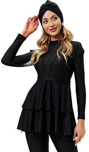 IWEMEK Muslimische Badeanzug Damen Modest Burkini Lang Bademode 3 Stück Ganzkörper Langarm Islamische Arabische UV Schutz Beachwear Surfen Anzug Top + Hose + Hijab Schwimmhaube #Schwarz S