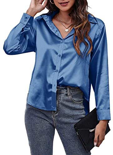 Panegy Chemisier femme en satin à manches longues blouses Botton Down Haut de travail en soie comme chemises pour femme bureau top, bleu, Medium