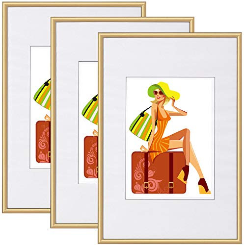 WOLTU Bilderrahmen DIN A4 21x29,7 cm Set of 3 Fotorahmen aus Kunststoff mit Passepartout, Posterrahmen zum vertikalen oder horizontalen Aufhängen/Aufstellen, Collage Wanddeko, Gold