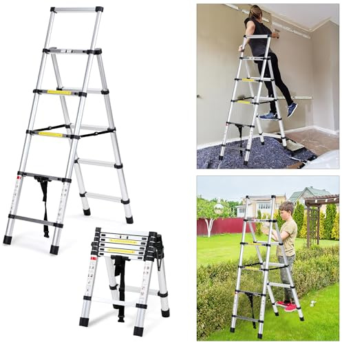 Eulenke Teleskopleiter 1.4m+1.7m Aluminium Trittleiter 4+5 Stufen Tragbare rutschfeste Klappleiter, 150 kg Belastbarkeit Stehleiter, Aluleiter für Drinnen, Draußen, Mehrzweckleiter, Haushaltsleiter