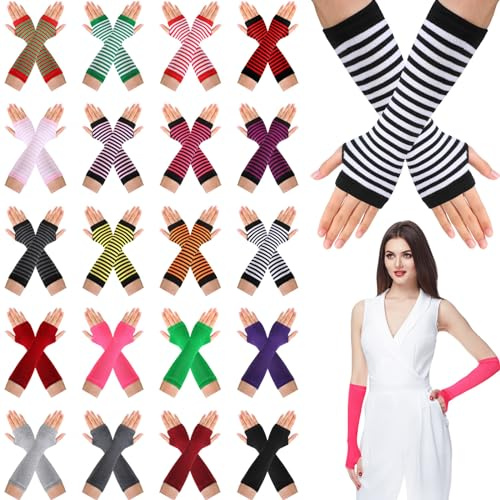 Syhood 20 Pairs Striped Arm Warmers Long Fingerless Winter Gloves Knitted Elbow Length Women arm Sleeves with Thumb Hole for Costume (20 Colors)