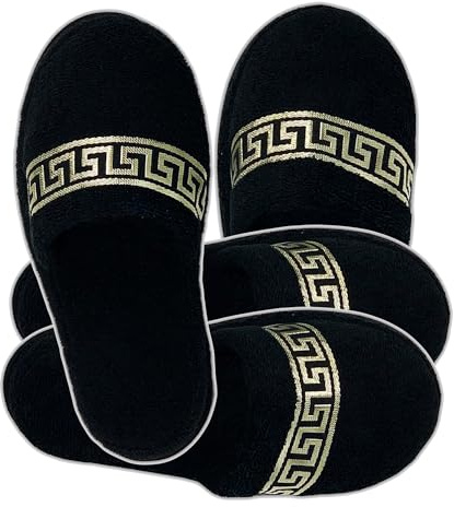 Belle Arti Hotelltofflor, frottétofflor, mäanderdesign i svart, guld, badtofflor för kvinnor och män, 100 % bomull, frotté, 2-pack, Medium