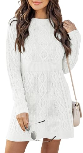 Ebifin Abito in Maglia da Donna, con Scollo Tondo, Maglione Elegante, Stile Tunika, Mini Abito Invernale, A-Linea., bianco, XL