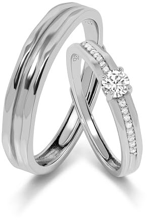 Meissa 925 Sterling Silber Breite Eheringe für Herren, handgefertigter Diamantring für Damen, passende Versprechensringe größenverstellbares Paar-Ring-Set, Set aus zwei Ringen