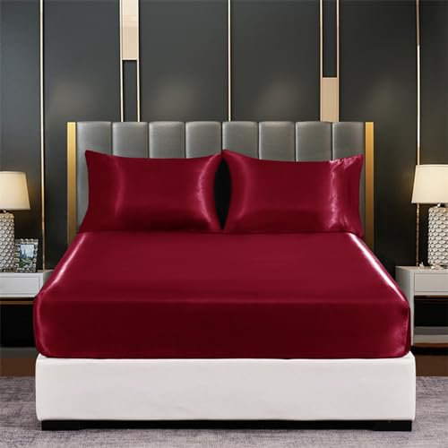 Tospass Satin Spannbettlaken 140x200cm Boxspringbett Topper Weinrot Luxus Seide Glanzsatin Spannbetttuch Glatt Leintuch Weiche Microfaser Bettlaken für Matratze bis 15-30cm Hohe