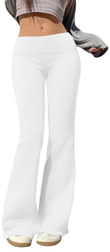 Yogahose Damen Schlaghose Baumwolle Low Waist Bootcut Activewear Hosen Freizeithose Stretch Flared Stoffhose Bootleg Leggings Fitness Jogginghose Haushose Lange Weites Bein Jazzpants (Weiß, M)