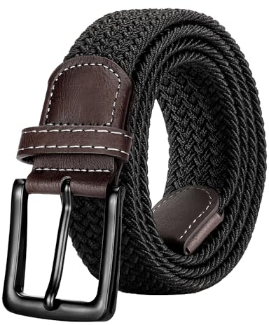 EsengNoyi Mens Braided Belt, Web Stretch Belts for Men Golf, Elasticated, All Black, M - waist 34-38