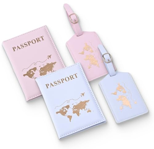 KSJEHW 4 Pièces Porte-Passeport, 2 Pcs Couvertures de Passeport et 2 Pcs Étiquette Valise, PU Cuir Imperméable Etiquette Bagage pour Les Couples Fête de Mariage Honeymoon Voyage