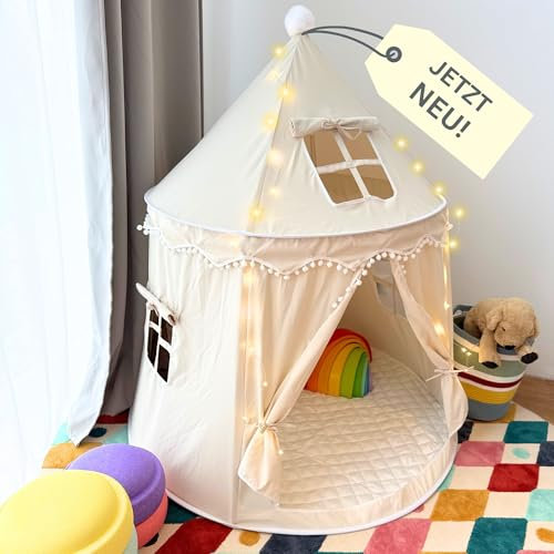 ALRITHO® Spielzelt für Kinder (warmbeige), aus weichem Silky-Cotton-Stoff | 1 Eingang & 3 Fenster (TripleAir-Effect) | inkl. Tasche & Bodenmatte | stabiles Spielhaus | Tipi für Jungen & Mädchen