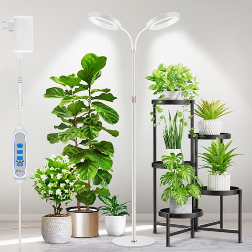 Aumtrly Lampada per piante, 2 teste, 168 LED, spettro completo, con supporto regolabile in altezza, 6000 K, luce bianca per piante con timer da 6/12/16H, 5 livelli di luminosità, 3 modalità di colore