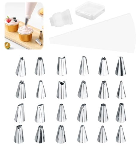 Profi Spritzbeutel Set 31 cm, Sterntülle, Wiederverwendbar, Baumwolle mit Innenbeschichtung, 24 Edelstahl Tüllen für Torten, Muffins, Cupcakes, Spritzgebäck, Umweltfreundlich, Spülmaschinengeeignet