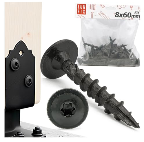 LUN FIX Vis À Bois Torx 8x60 mm Étoile, 50 Pièces, Tête Noire, Acier Zingué, Vis pour Panneaux, Support Poteau, Montage Bois, Contreplaqués, Mélaminés, Fixation Charpente Construction
