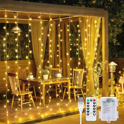 JMEXSUSS 200 LED Curtain Lights Battery Operated & USB Plug in, 8 Modes Warm White Curtain Hanging String Lights Indoor Outdoor for Bedroom Backdrop Wall Dorm Wedding Party Patio Christmas Decorations