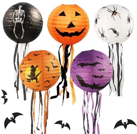 Linternas de Papel de Halloween, Halloween Papel Linterna Decoración, Linterna de Papel de Calabaza de Halloween, Farolillos Plegables con Fantasma, Araña y Bruja, para Fiestas de Halloween, 5 Piezas