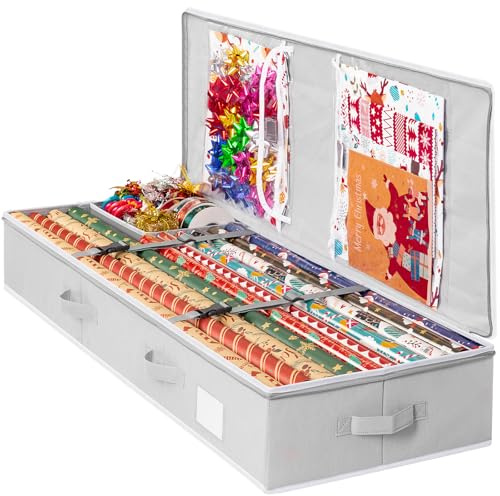 Criusia Gift Wrapping Paper Organizer Storage, Durable Underbed Storage Container Fits 24 Rolls, with Removable Dividers and Pockets for Ribbon, Ornaments, Holiday Accessories, Grey