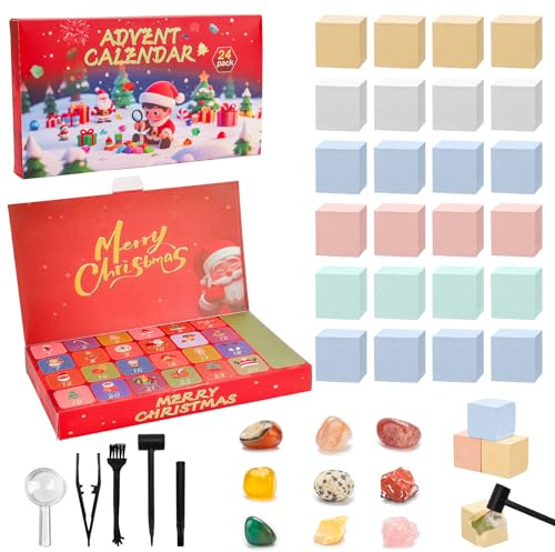 Calendario dell'Avvento per Bambini e Bambine 24 Scomparti Gioco Scava Gemme Set Archeologo con Attrezzi per Scavare e Trova Pietre Preziose