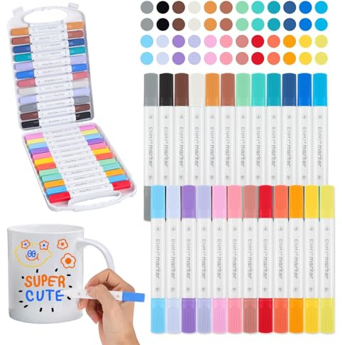 Marqueur Peinture Acrylique, 24 Couleurs Porcelaine Permanent Lave Vaisselle, Feutre Acrylique avec Embout Pinceau Flexible, Acryliques Imperméables pour La Peinture Sur Roche, Céramique, Bois