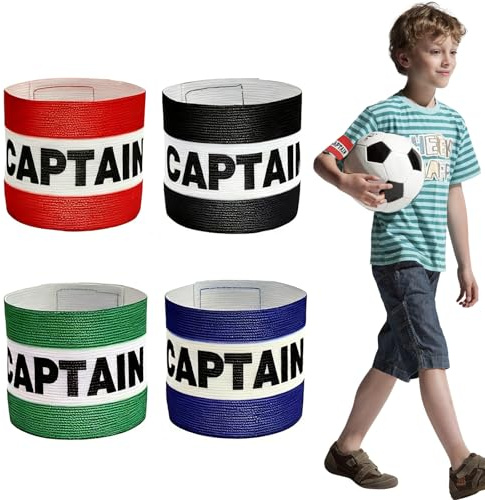 4 Pcs Captain Armbands Soccer, Adjustable Breathable Leader Football Arm Bands, Multicolor (Red/Green/Blue/Black) Sport Accessory for Football Rugby Basketball - Fit Youth, Adults, Junior Boys