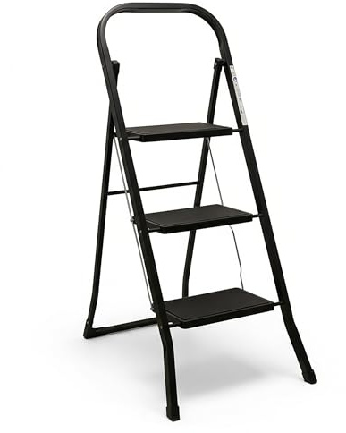 Escalera plegable de acero con 3 peldaños, soporta hasta 150 kg – 105 x 73 cm – Antideslizante – Escalera plegable negra con 3 peldaños y seguridad plegable – Escalera doméstica – Taburete escalera