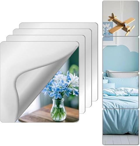 Shatterproof Self Adhesive Wall Mirror Tiles Bedroom,Unbreakable Long Wall Mounted, Acrylic Stick On Decoration, 2.6 MM, 15 x 15 CM x 4 Pcs, Mirrors Safe for Kids Non-Glass Plastic Children