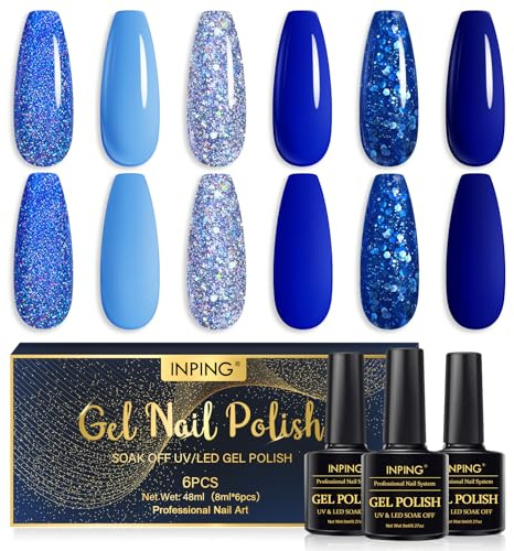 INPING Esmalte Semipermanente de Uñas Azul Brillante, 6 Colores Serie Azul Pintauñas Gel Esmaltes Semipermanentes de Uñas en Gel UV LED Gel Nail Polis para Casa y Salón de Manicura DIY 8ml