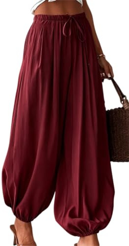 Womens Elastic High Waisted Baggy Barrel Pants Elastic Drawstring Wide Trousers Breathable Comfy Balloon Pants
