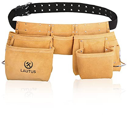 LAUTUS Wildleder-Werkzeuggürtel/Tasche/Arbeitsschürze | Schreiner, Bau, Rahmen, Elektriker | 11 Taschen | Verstellbarer Doppelzinkengürtel | 2 Hammerschlaufen