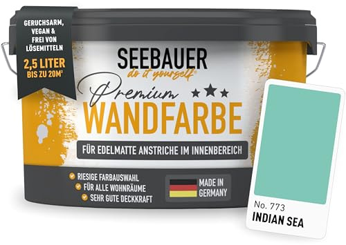 SEEBAUER diy Wandfarbe Türkis 2,5L für Innen (No. 773 Indian Sea) Edelmatte Innenfarbe Blau Grün - Grüntöne sehr hohe Deckkraft - Matt, Abwaschbar und Tropffrei
