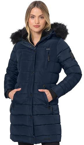 Navahoo Winterjacke Damen - Wasserabweisend, Warm, Kapuze, Winddicht - Wintermantel Lang, Mantel Frauen, Teddyfell gefüttert - Stehkragen, 7 Taschen, verlängerter Zipper - Navy XXL