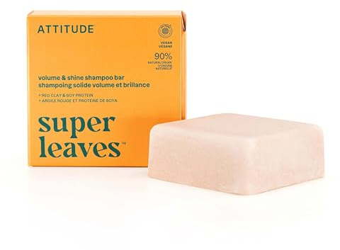 ATTITUDE Volume & Shine Shampoo Bar, Natural Origin, for Thin and Flat Hair, Soy Protein & Red Clay, EWG Verified & Clean Ingredients, Vegan, Orange Blossom & Eucalyptus Scent, 4 Oz
