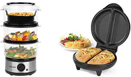 Salter EK2726Z 3-Tier Food Steamer, 7.5 Litre Multi-Cooker, Stainless Steel Rice Cooker, 60 Minute Timer, Removable Cooking Bowls & EK2716 Dual Omelette Maker, Easy Clean Double Non-Stick Plates