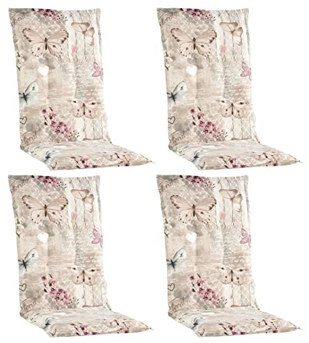 Gartenstuhlauflagen Hochlehner 4er Set - 120 x 50 cm - Beige - Baumwolle - Polyester - Schmetterlingsmotiv - Sesselauflage Sitzpolster Stuhlauflage
