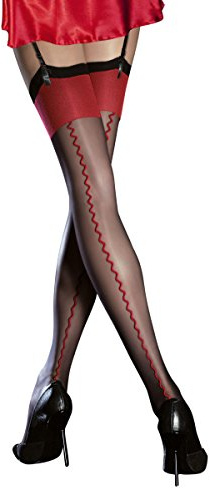 Fiore Stockings Sheer 20 Denier With Back Red Seam (Large, Black)