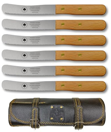 Solingen Juego de 6 cuchillos con filo ondulado, incluye funda de piel de alta calidad, mango de madera de haya, cuchillo jorobado, cuchillo de desayuno, cuchillo para panecillos, hoja inoxidable,