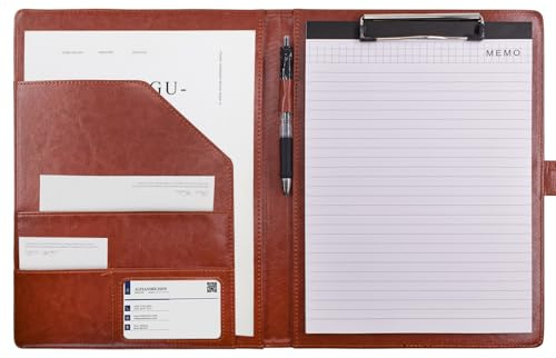 VANRA Padfolio - Cartella portadocumenti in pelle, organizer per interviste, per documenti legali, formato A4, blocco note con clip e porta biglietti da visita (marrone)